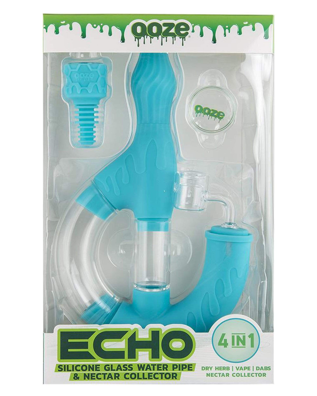 Ooze Echo 4-in-1 Silicone Bong in Teal, front view, versatile for dry herbs and concentrates
