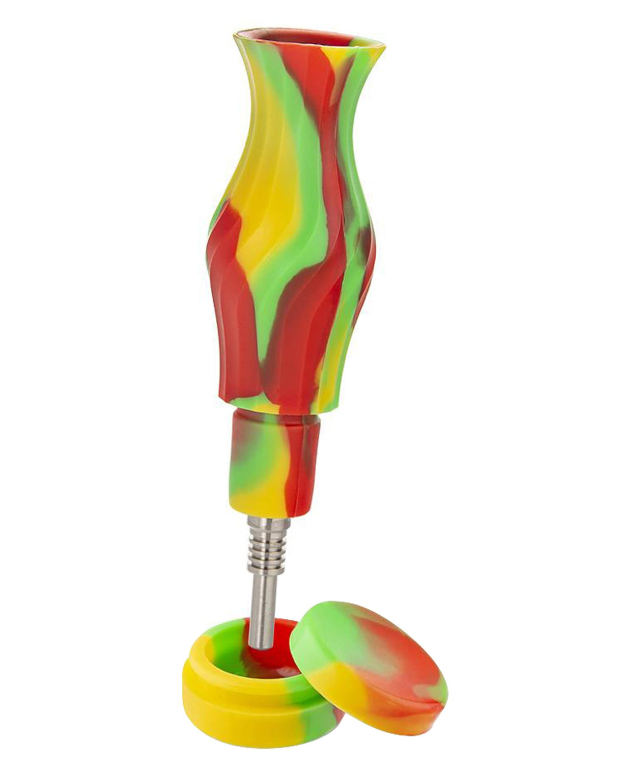 Ooze Echo 4-in-1 Silicone Bong in vibrant red, yellow, and green swirls, front view with stash jar lid off