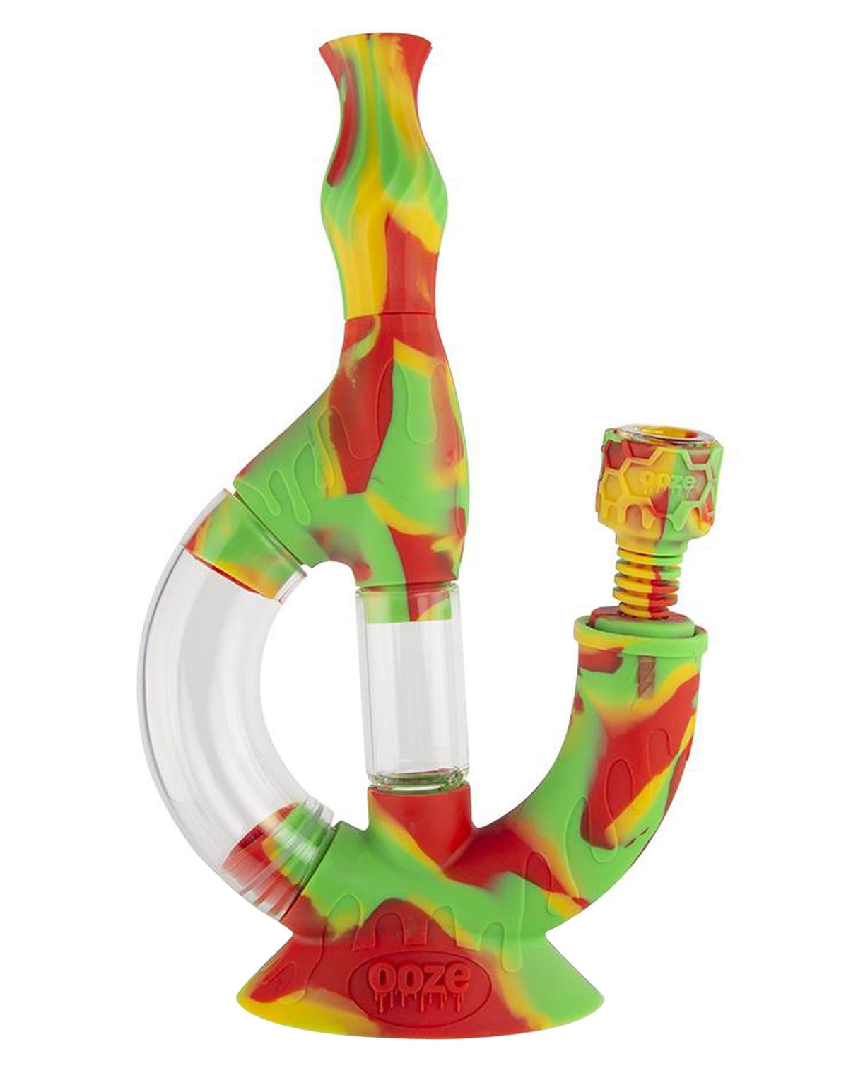 Ooze Echo Silicone Bong in vibrant red, yellow, and green colors, with clear glass chamber, side view
