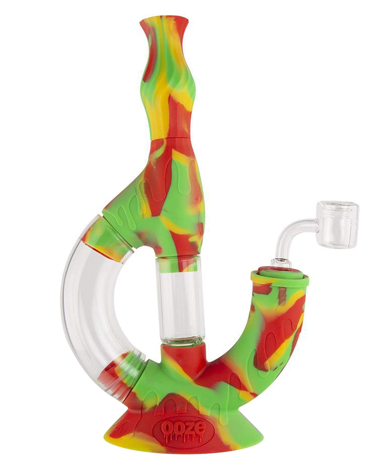 Ooze Echo 4-in-1 Silicone Bong in vibrant red, green, and yellow, with clear borosilicate glass accents