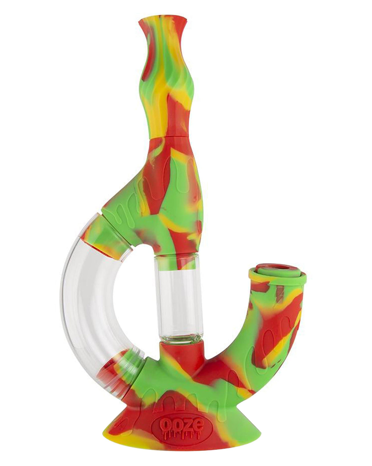 Ooze Echo 4-in-1 Silicone Bong in vibrant red, green, and yellow, with clear glass chamber, front view.