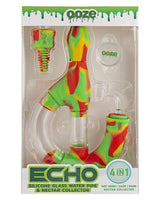 Ooze Echo 4-in-1 Silicone Bong in vibrant red, yellow, and green, front view with packaging
