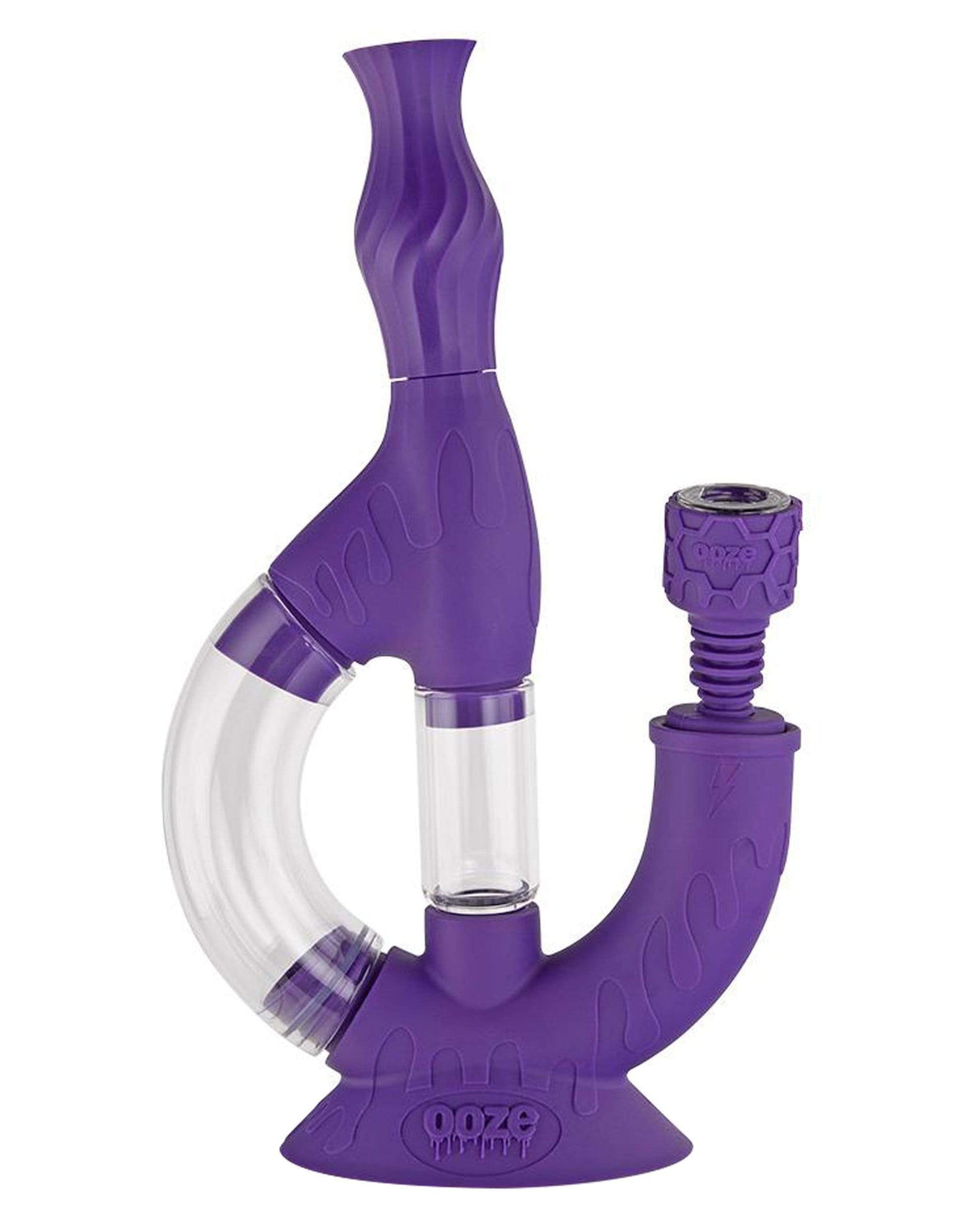 Ooze Echo 4-in-1 Silicone Bong in Purple with Clear Glass Middle Section, Front View