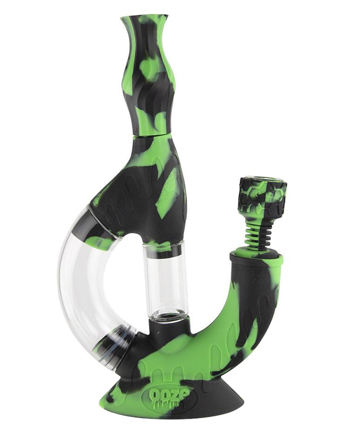 Ooze Echo 4-in-1 Silicone Bong in Black & Green, 9" with Slitted Percolator - Front View