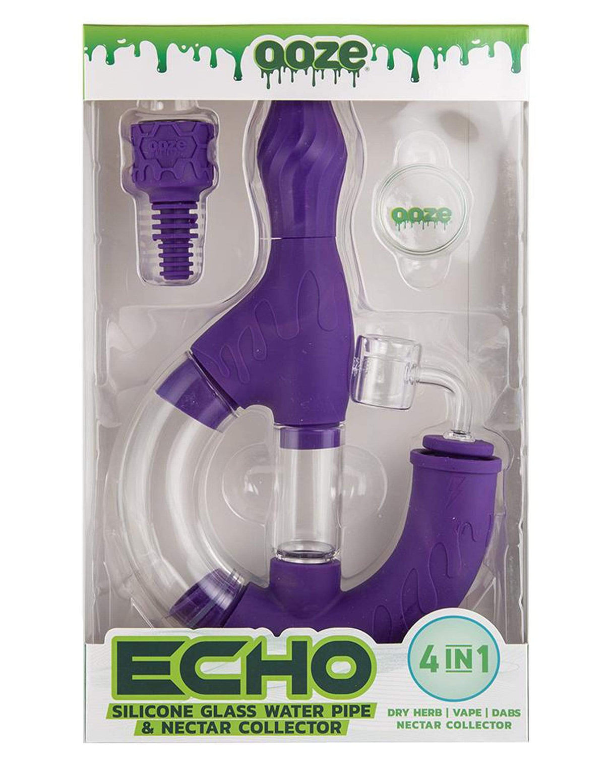 Ooze Echo 4-in-1 Silicone Bong in Purple, Front View with Packaging, Versatile for Dry Herbs and Concentrates