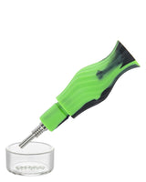 Ooze Echo 4-in-1 Silicone Bong in Green, Side View with Glass Bowl and Stash Jar