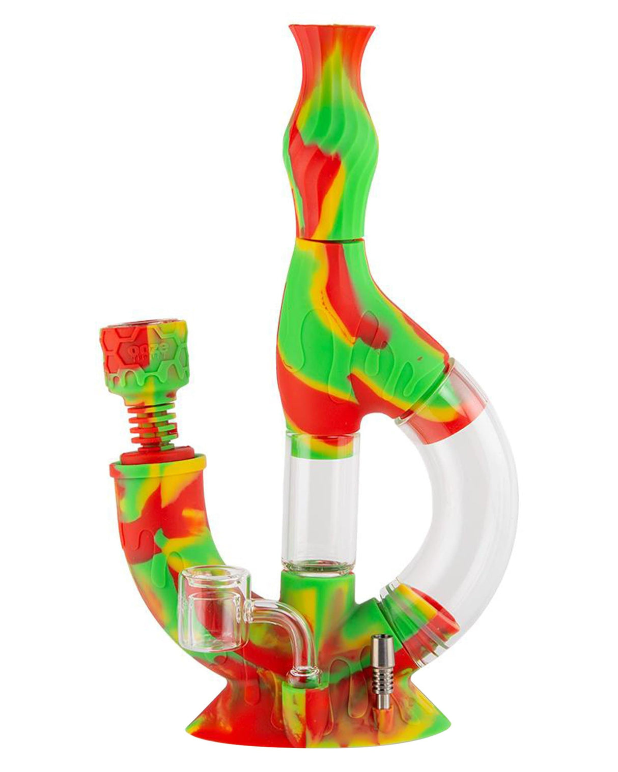 Ooze Echo 4-in-1 Silicone Bong in Rasta colors with slitted percolator, front view on white background