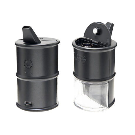 Ooze Electro Barrel Electric Dab Rig in Black, 2000mAh Battery, Dual View with Open Chamber