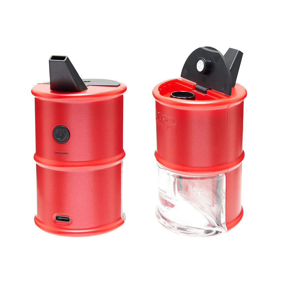 Ooze Electro Barrel Electric Dab Rig in Red, 2000mAh battery, front and side views on white background