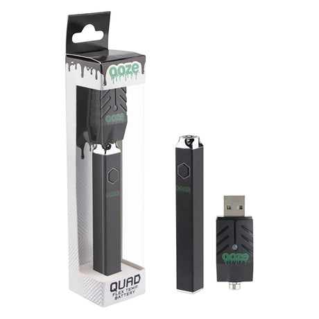 Ooze Quad Flex Temp Vape Pen 510 Battery in Panther Black with USB Charger, Front View
