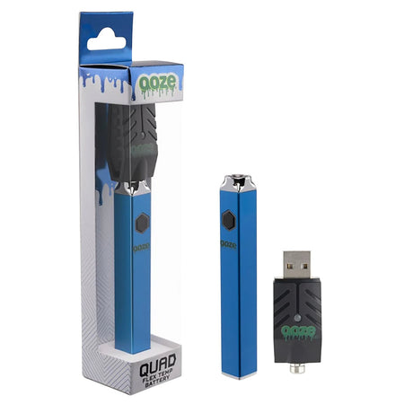 Ooze Quad Flex Temp Vape Pen 510 Battery in Sapphire Blue with USB Charger, Front View