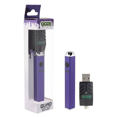 Ooze Quad Flex Temp Vape Pen 510 Battery in Ultra Purple with USB Charger, front view