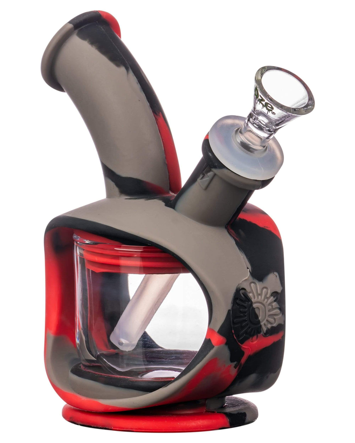 Ooze Silicone Kettle Bubbler in Rasta colors, 45-degree view showing glass and silicone body