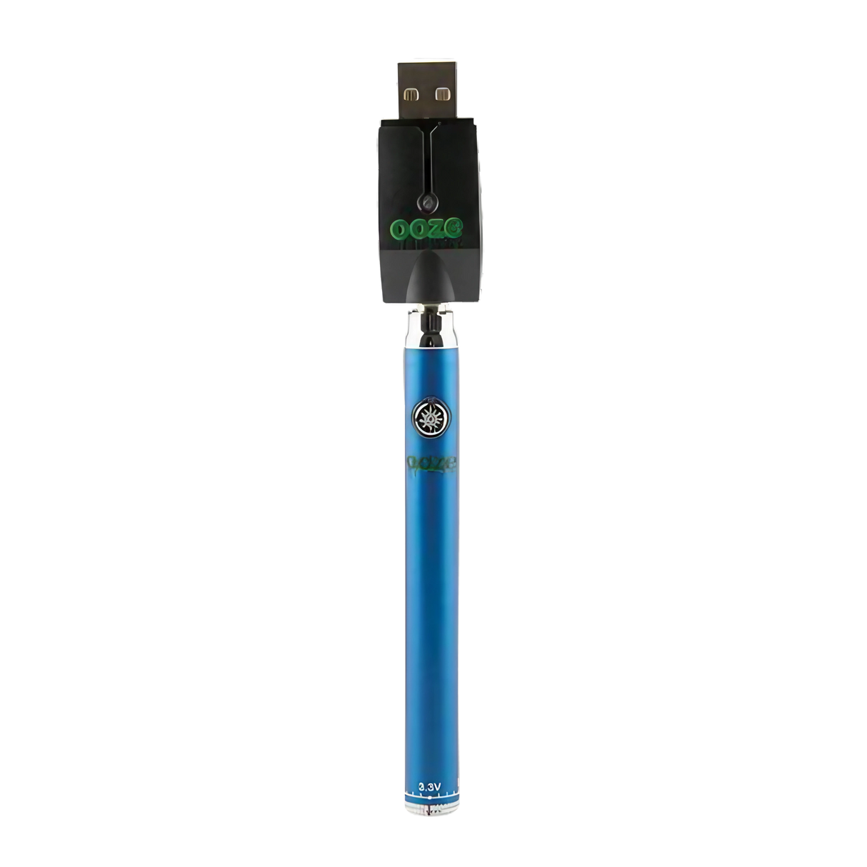 Ooze Slim Twist Battery in Blue with USB Charger, 510 Thread, Front View