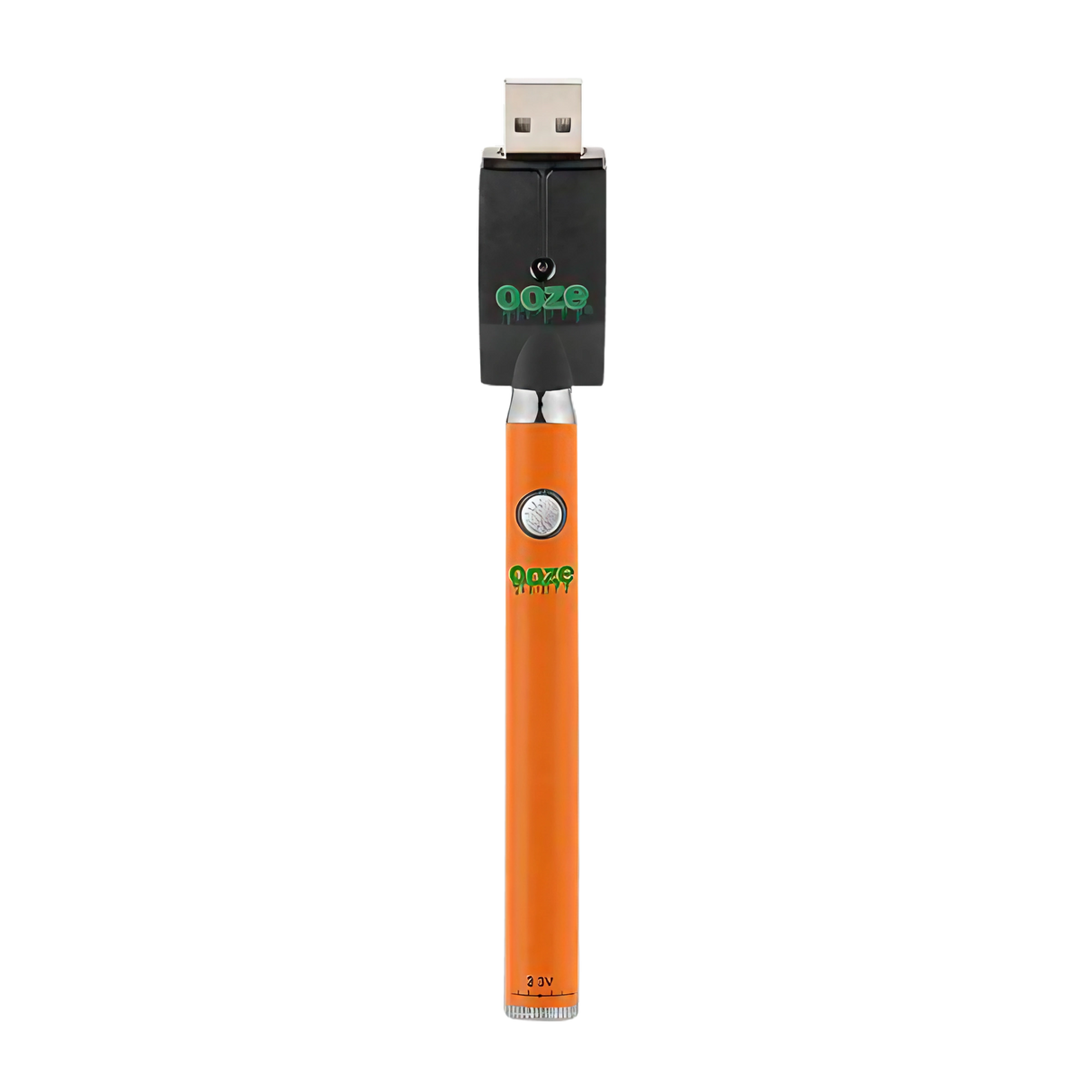 Ooze Slim Twist Battery in orange with USB charger, 510 thread, front view on white background