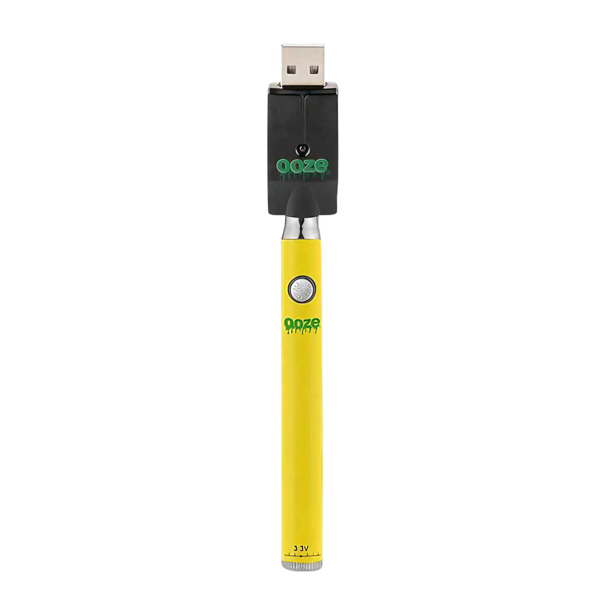 Ooze Slim Twist Battery with USB Charger in Yellow, Front View, 510 Thread for Vaporizers