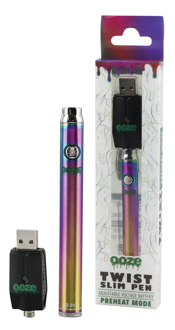 Ooze Slim Twist Vape Battery in Rainbow with USB Charger, 510 Thread, Front View