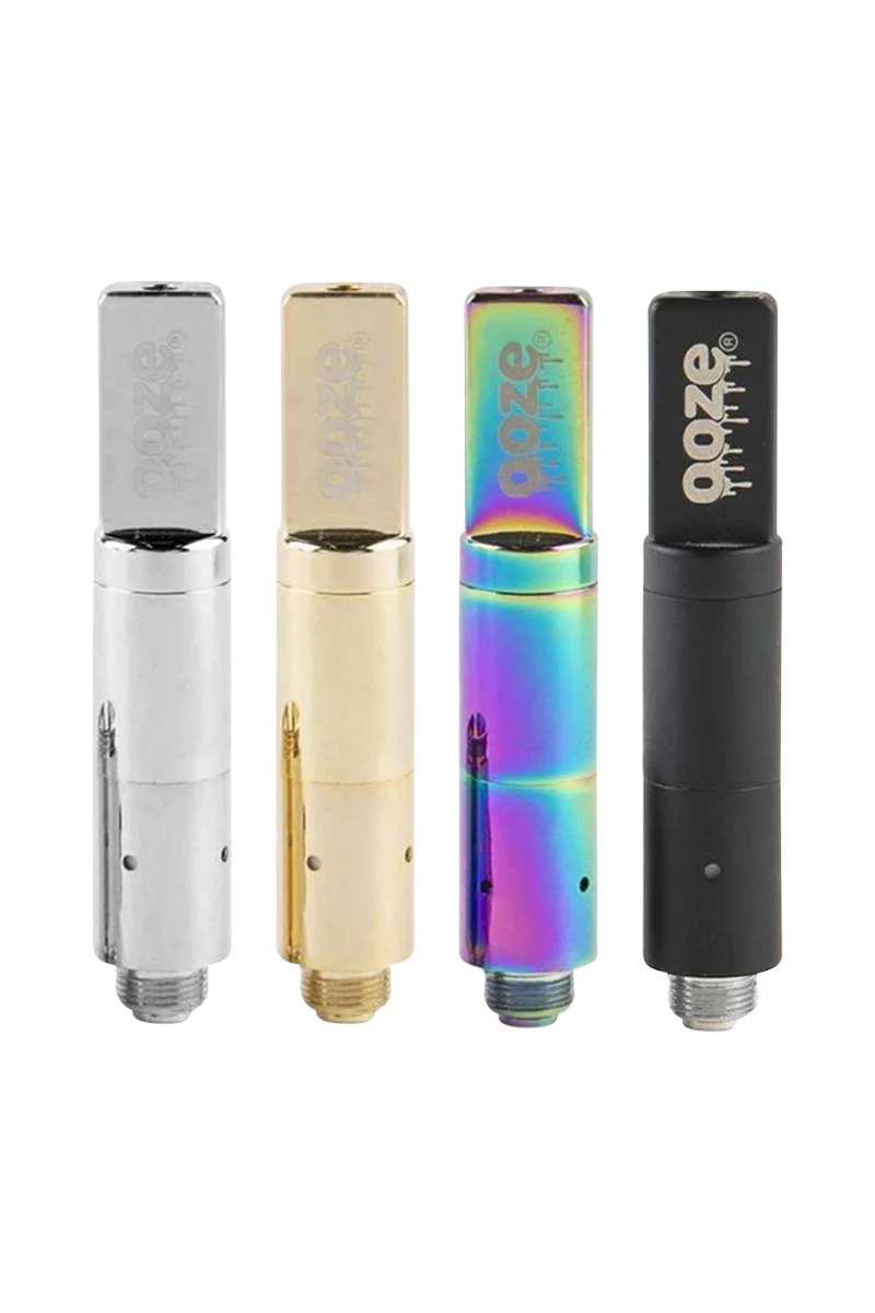 Ooze Slim Twist Pro Atomizer Tank for concentrates in silver, gold, rainbow, and black