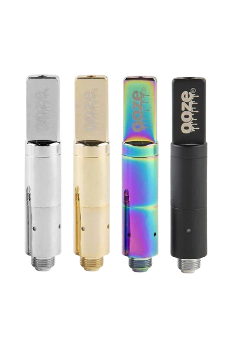 Ooze Slim Twist Pro Atomizer Tank for concentrates in silver, gold, rainbow, and black