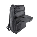 Ooze Smell Proof Backpack in black, front view with open compartment, compact and portable design