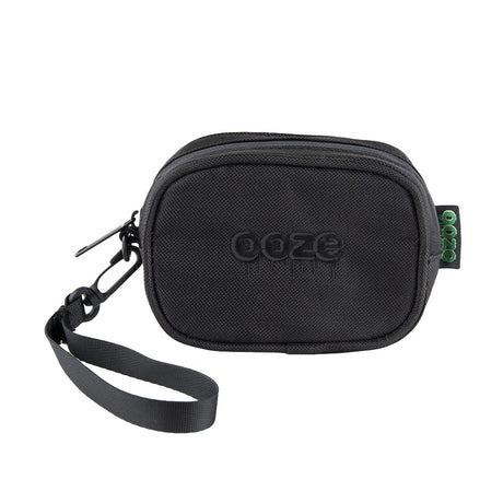 Ooze Smell Proof Wristlet Pouch in black, front view with wrist strap, compact and portable design