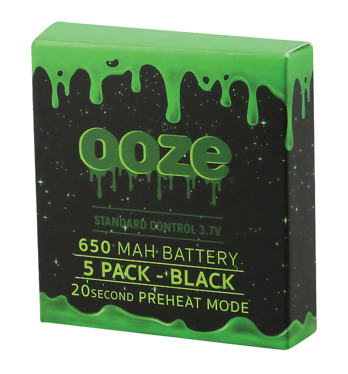 Front view of Ooze Standard 650mAh Batteries 5-Pack in Black with 20-second preheat mode