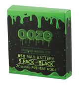 Front view of Ooze Standard 650mAh Batteries 5-Pack in Black with 20-second preheat mode