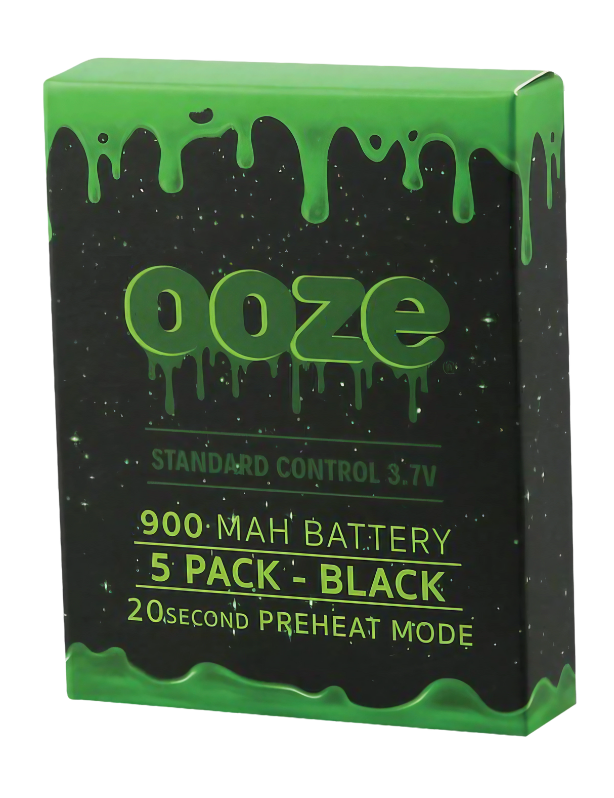 Ooze Standard 900mAh Vape Batteries 5-Pack in Black, Front View with Green Dripping Detail
