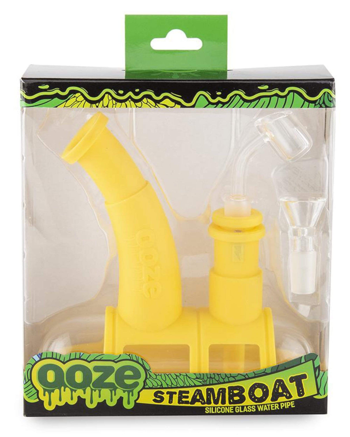 Ooze Steamboat Silicone Bubbler in Yellow, 90 Degree Joint, Front View Packaged