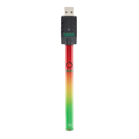 Ooze Twist Slim 510 Battery 2.0 in Rasta colors with USB charger, front view on white background