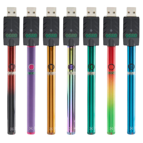 Ooze Twist Slim 510 Battery 2.0 in various colors with USB charger, front view, 320mAh capacity