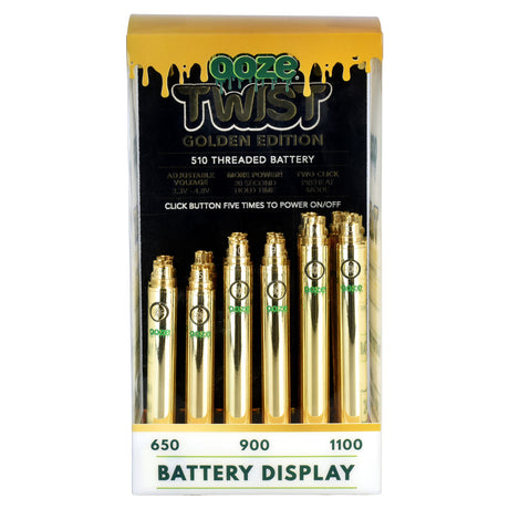 Ooze Twist Variable Voltage Batteries Display, Golden Edition with Various Sizes Front View