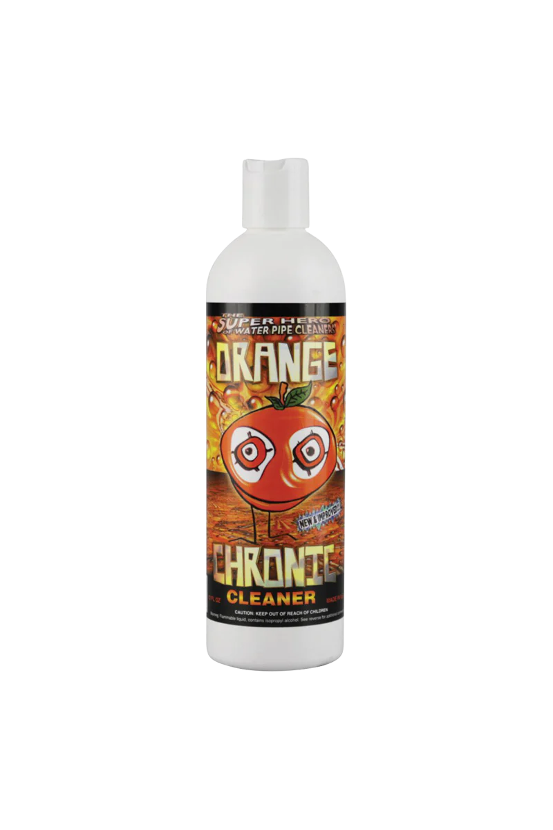 Orange Chronic 12oz bottle for effective bong cleaning, front view on white background
