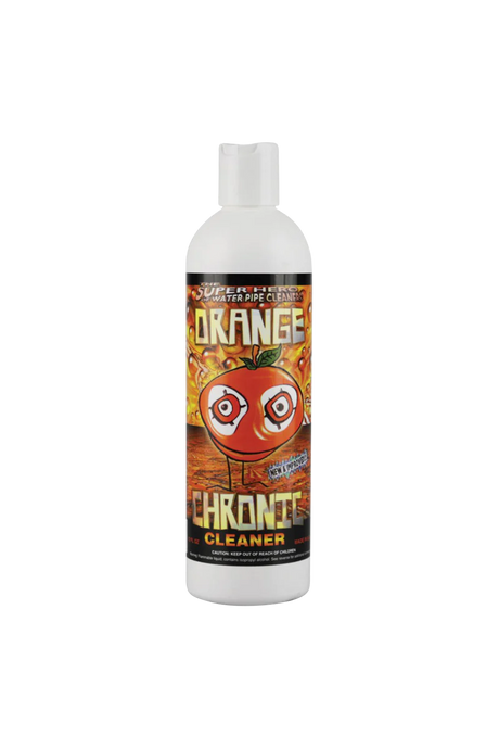 Orange Chronic 12oz bottle for effective bong cleaning, front view on white background