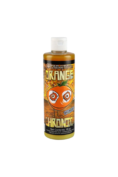 Orange Chronic 16oz bottle of cleaning solution for bongs, front view on white background