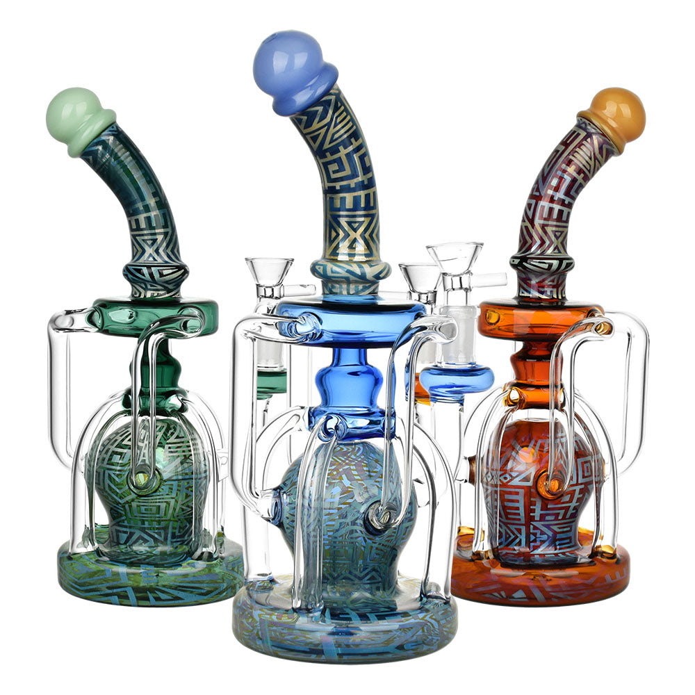 Trio of Otherworldly Connection Recycler Water Pipes, 10" with intricate designs, front view