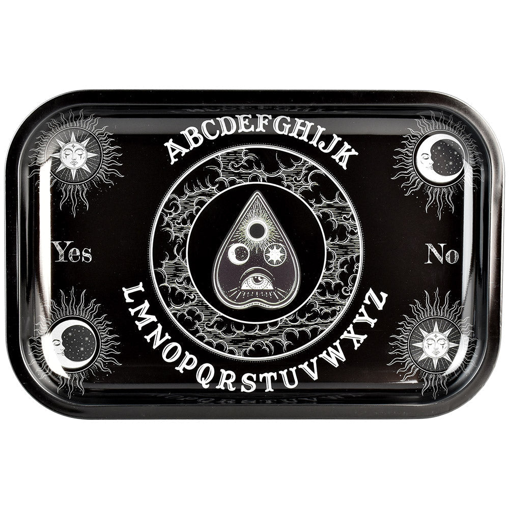 Ouija Board Metal Rolling Tray with mystical design, 11.25" x 7.5" size, top view