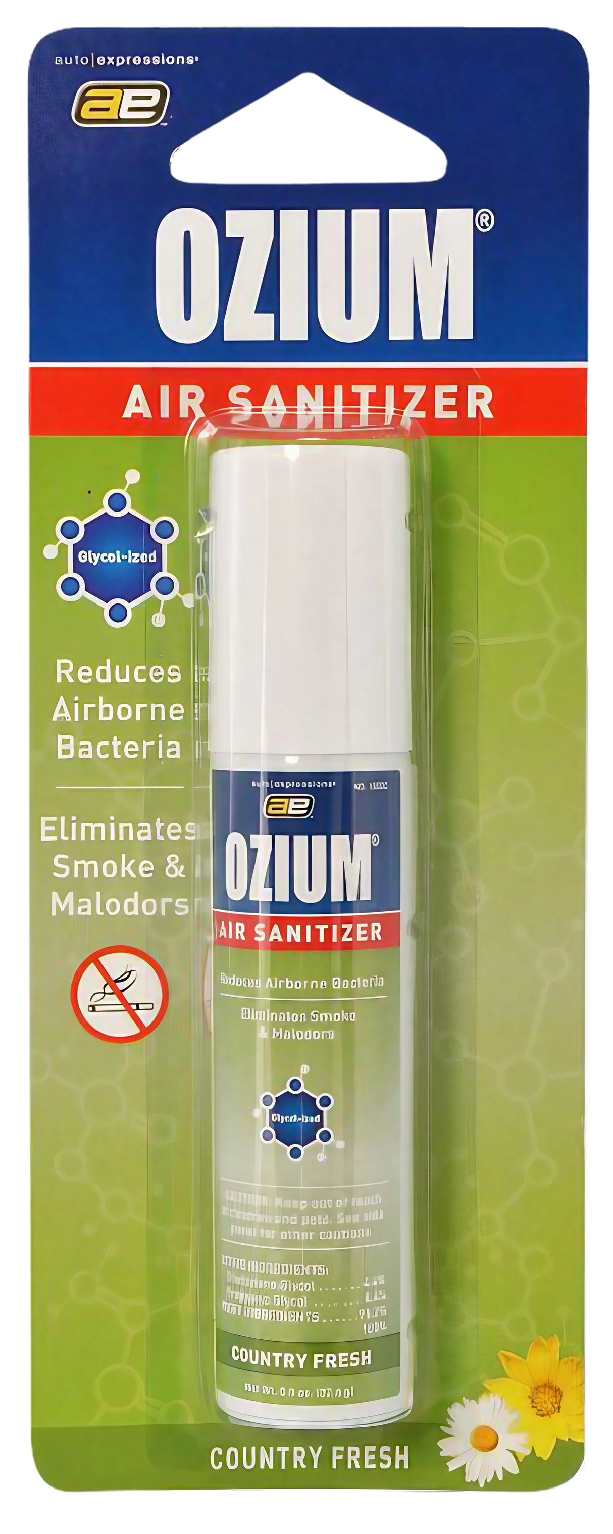 Ozium Country Fresh Scented 0.8oz Air Sanitizer can, front view on retail packaging