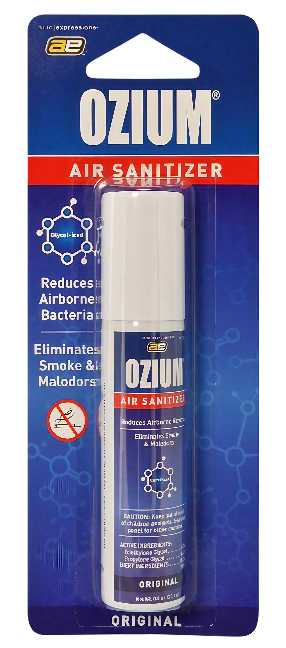 Ozium Original 0.8oz Air Sanitizer in packaging, front view, eliminates smoke and odors