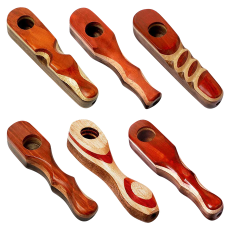 Padauk Wood Spoon Pipes for Dry Herbs in Various Designs, Top and Angle Views