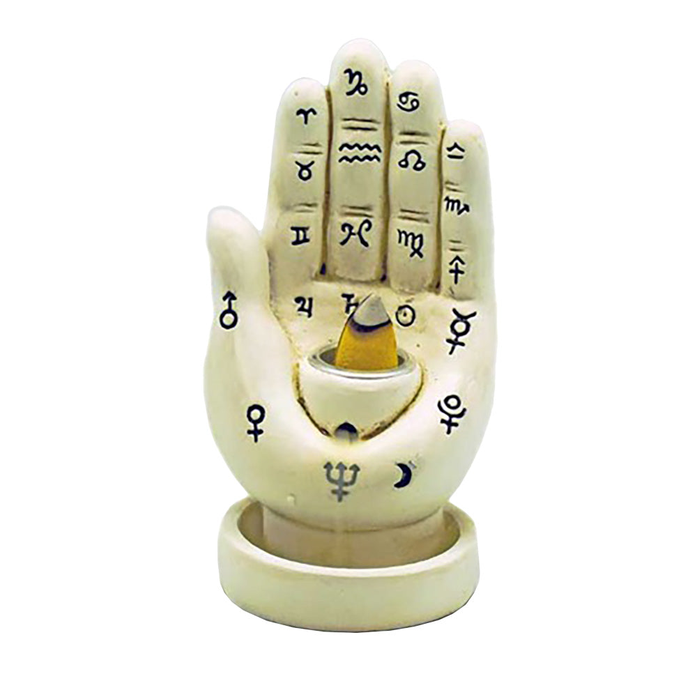 Polyresin Palmistry Hand Incense Burner with Zodiac Signs, Front View