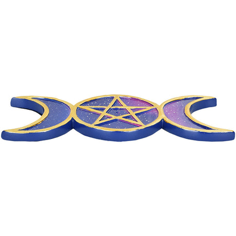 Pentagram Moon Incense Burner in Polyresin, Front View, 8"x3.5", Mystical Blue and Gold Design