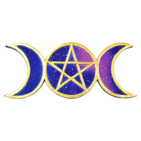 Polyresin Pentagram Moon Incense Burner with cosmic design, 8" x 3.5", front view