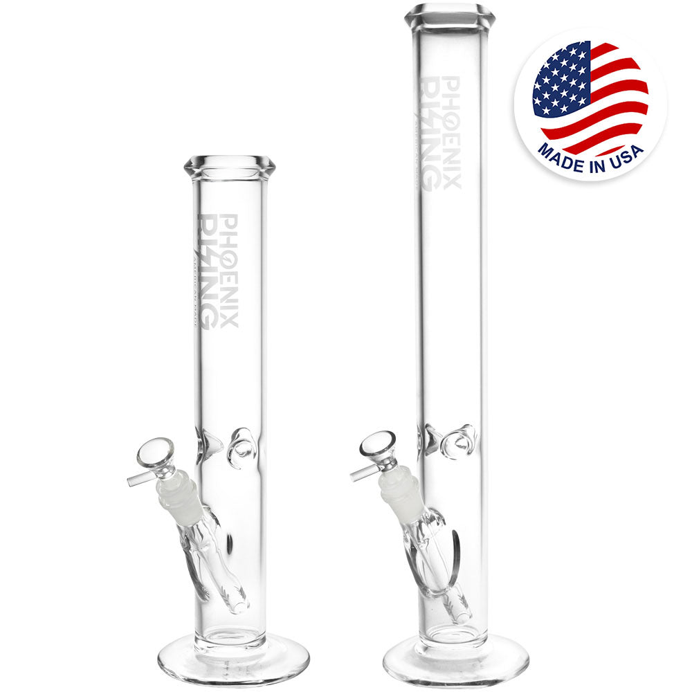 Phoenix Rising Straight Tube Water Pipe, clear borosilicate glass, 12" height, USA made