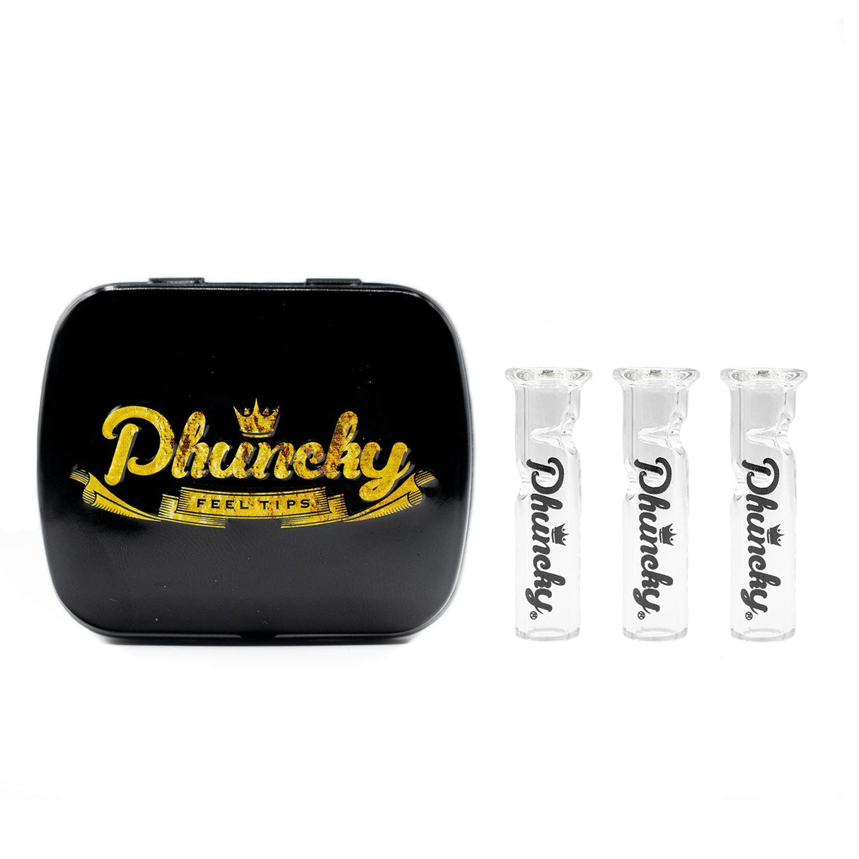 Phuncky Feel Tips branded round glass joint tips with carrying case, front view