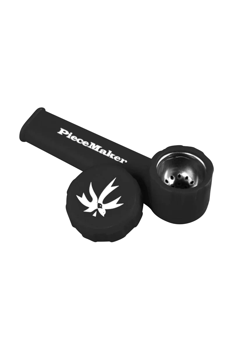 PieceMaker "Karma" Silicone Pipe in black, 3.5" long, steel bowl for dry herbs, angled side view