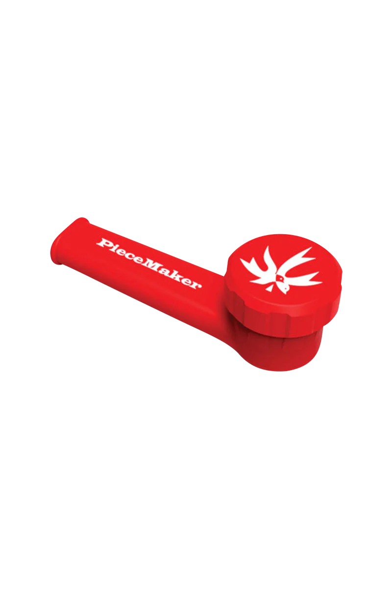 PieceMaker "Karma" Silicone Pipe in red, 3.5" spoon design, perfect for dry herbs, angled view