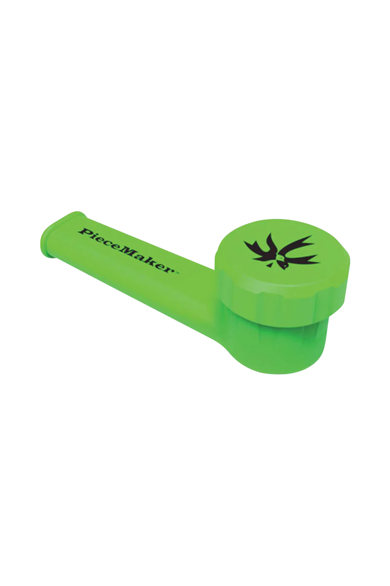 PieceMaker "Karma" Green Silicone Pipe, 3.5" Length, Steel Bowl, For Dry Herbs - Angled Side View