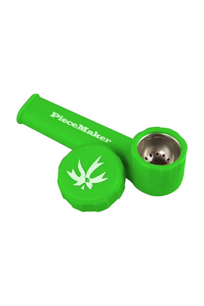 PieceMaker "Karma" Silicone Pipe in green, 3.5" length, for dry herbs, with steel bowl, side view