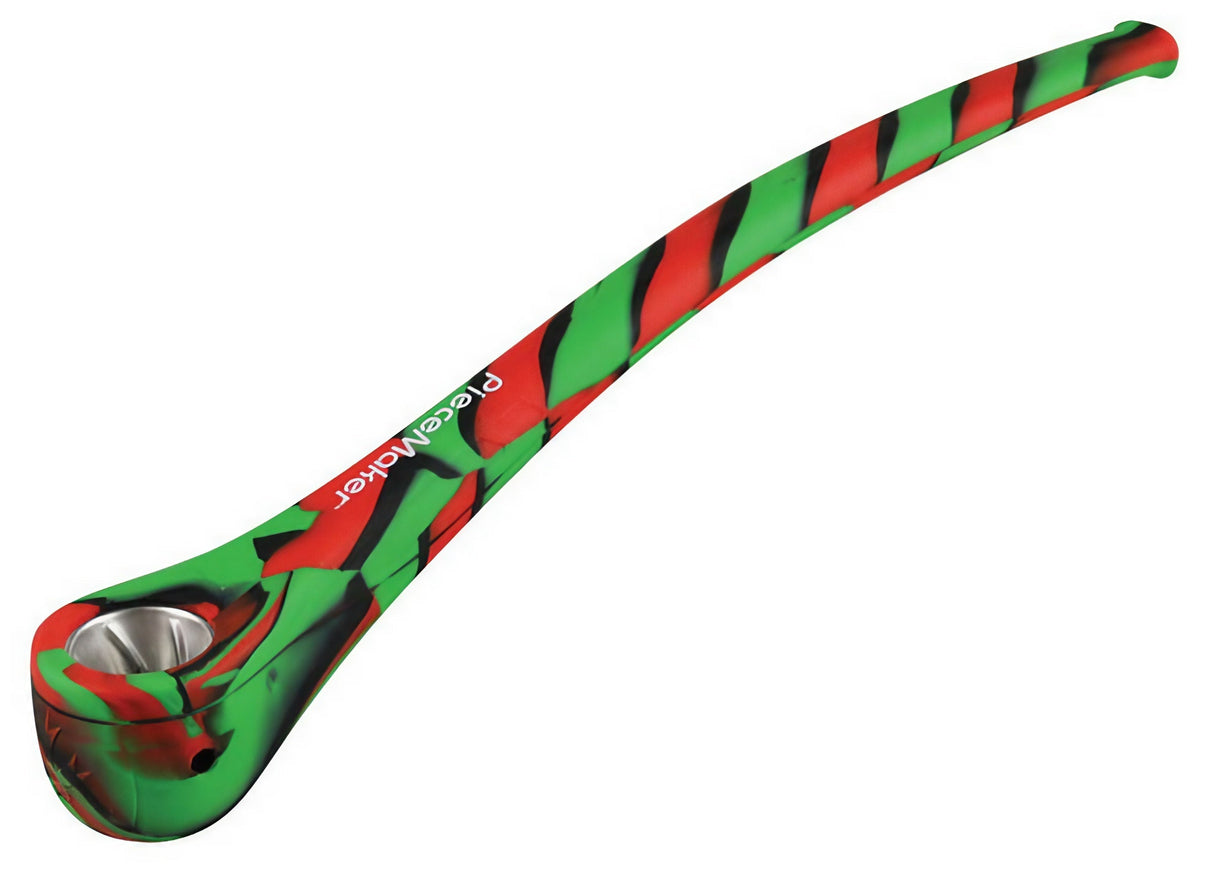 PieceMaker Konjuror Silicone Pipe in Rasta colors, 12" long, durable with steel bowl